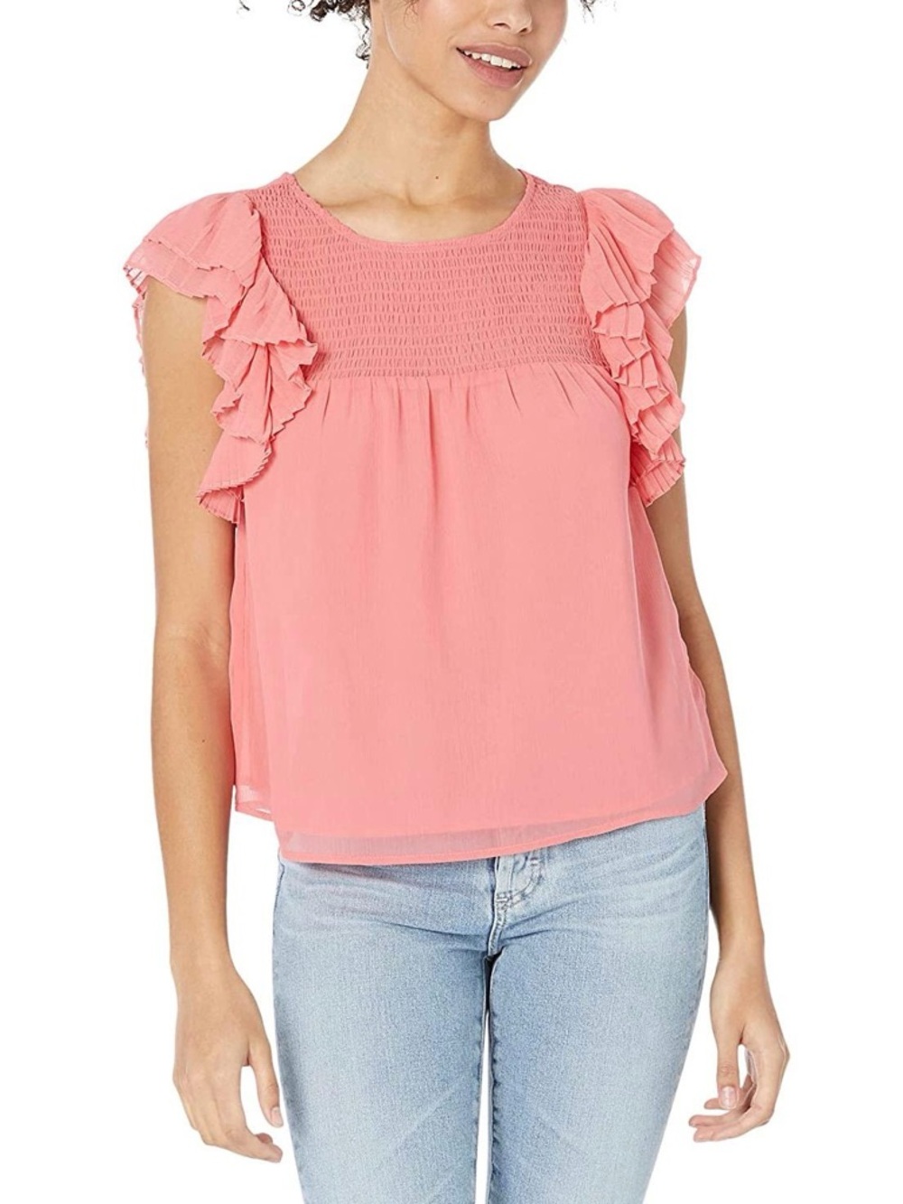 SUMMER☀️ Smocked Yoke Flutter Sleeve Ruffle Pink Blouse - Steve Madden Spring